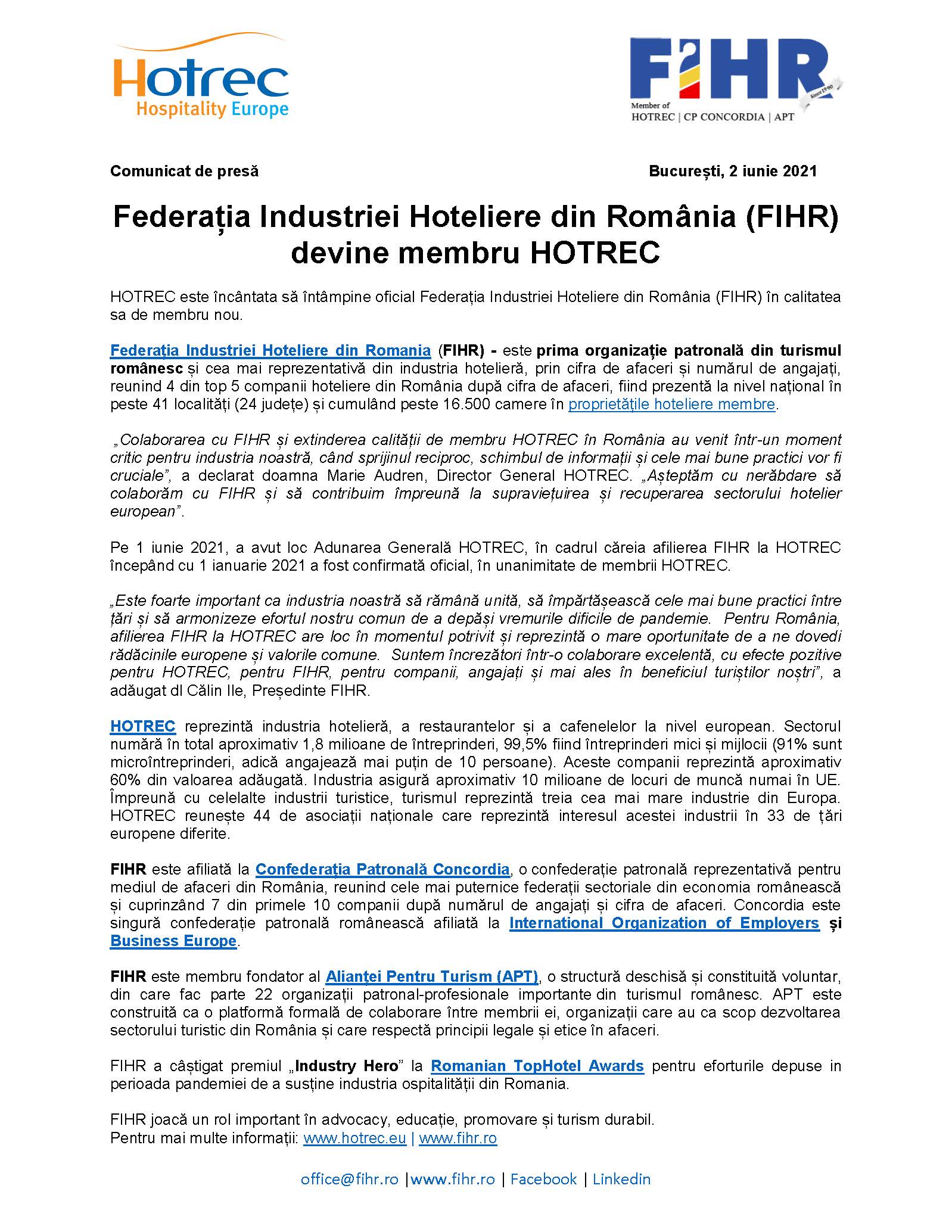 Federația Industriei Hoteliere din România (FIHR) devine membru HOTREC 